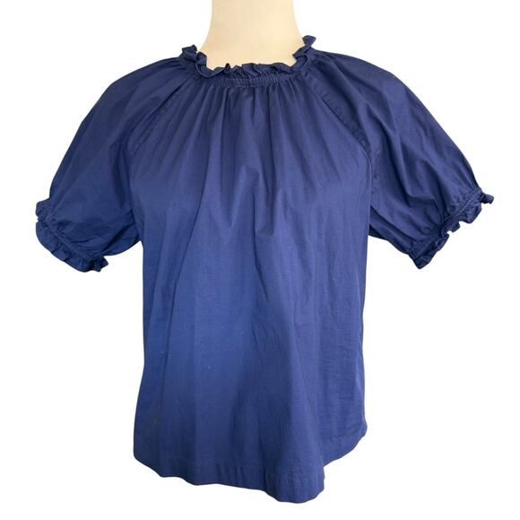 Hill House Tops - Hill House The Kit Top Puff Sleeve Ruffle Womens Small Blue Bohemian Boho Preppy